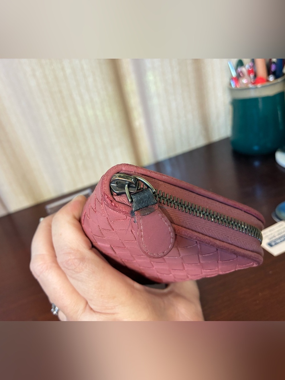Bottega Veneta Pink and Burgundy Intrecciato Zip Wallet - Picture 10 of 14